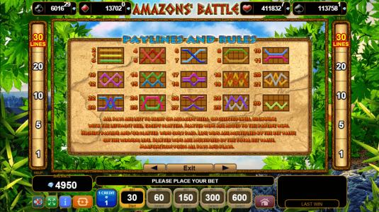 50 Amazons Battle Slot Machine Paylines Screen