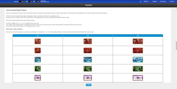 Volcano Queen Diamond Spins Slot Machine Paytable Screen