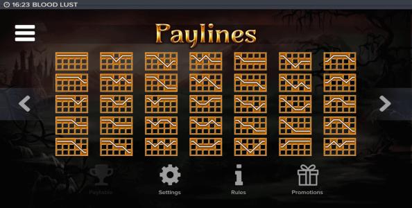 Blood Lust Slot Machine Paylines Screen