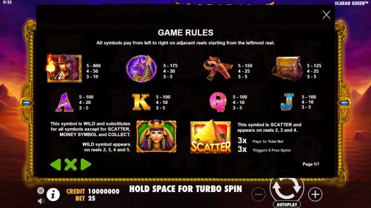 John Hunter Tomb of the Scarab Queen Slot Machine Paytable Screen