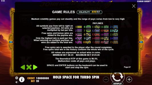 John Hunter Tomb of the Scarab Queen Slot Machine Game Rules Screen