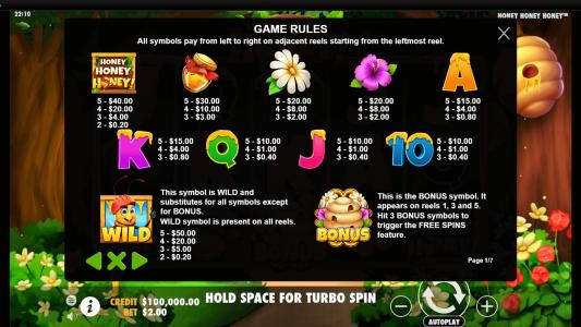 Honey Honey Honey Slot Machine Paytable Screen