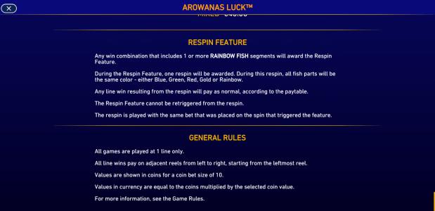 Arowanas Luck Slot Machine Re-Spins Feature Screen