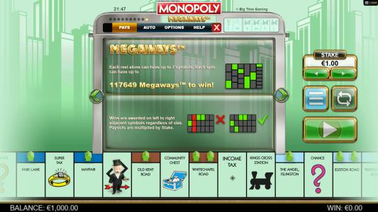 Monopoly Megaways Slot Machine Paylines Screen