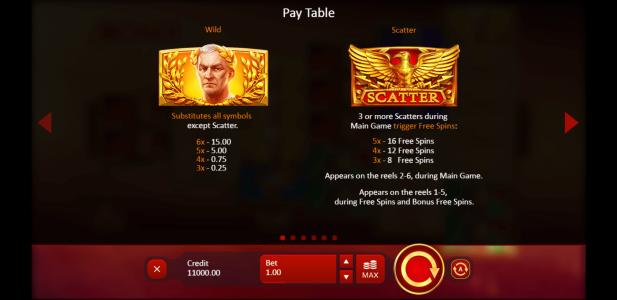 Rome Caesars Glory Slot Machine Paytable Screen