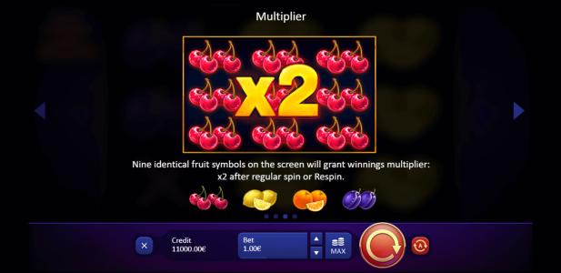 Super Burning Wins Respin Slot Machine Multiplier Feature Screen
