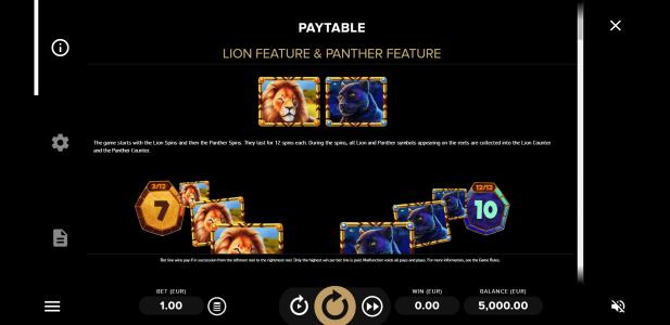 Serengeti Kings Slot Machine Paytable Screen