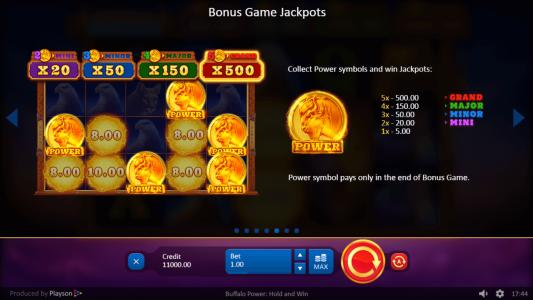Buffalo Power Hold and Win Slot Machine Jackpot Feature Screen
