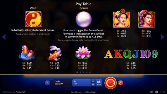 Pearl Beauty Hold and Win Slot Machine Paytable Screen