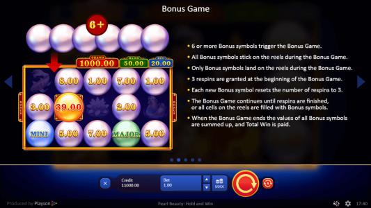 Pearl Beauty Hold and Win Slot Machine Bonus Game Screen