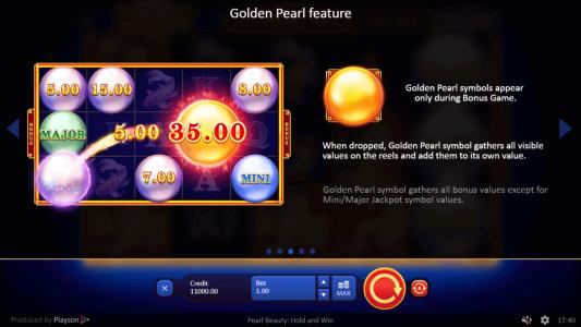 Pearl Beauty Hold and Win Slot Machine Golden Pearl Feature Screen