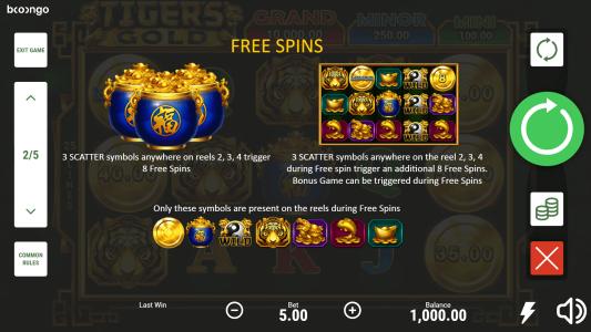 Tigers Gold Hold and Win Slot Machine Free Spins Bonus Screen