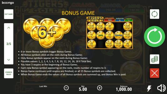 Tigers Gold Hold and Win Slot Machine Bonus Game Screen