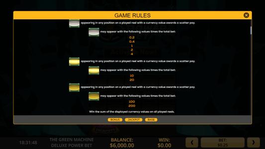 Green Machine Deluxe Power Bet Slot Machine Game Rules Screen