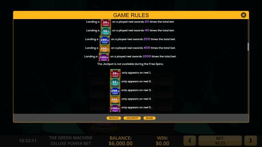 Green Machine Deluxe Power Bet Slot Machine Game Rules Screen