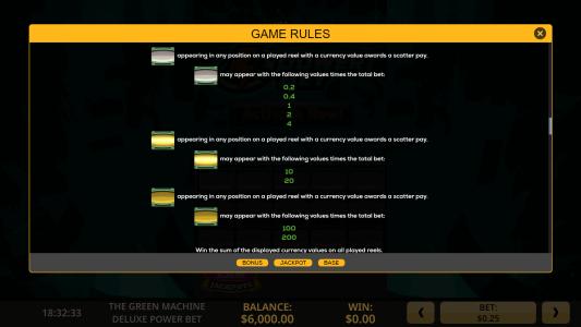 Green Machine Deluxe Power Bet Slot Machine Game Rules Screen