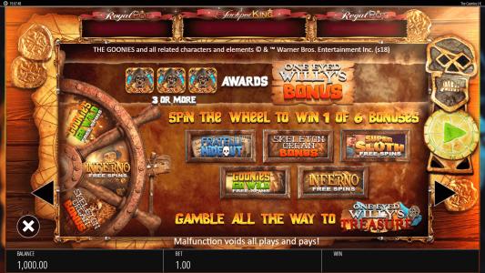 The Goonies Jackpot King Slot Machine Paytable Screen