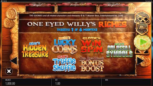 The Goonies Jackpot King Slot Machine Bonus Modifiers Screen