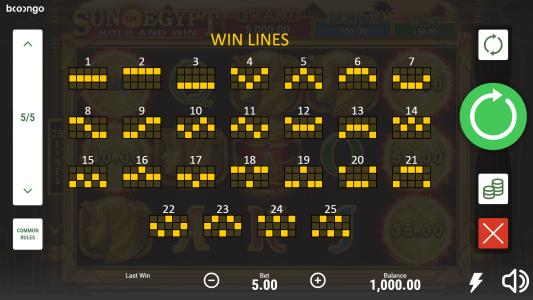 Sun of Egypt Slot Machine Paylines Screen