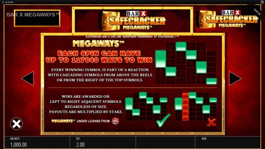 Bar X Safecracker Megaways Slot Machine Megaways Paylines and Cascading Wins Screen