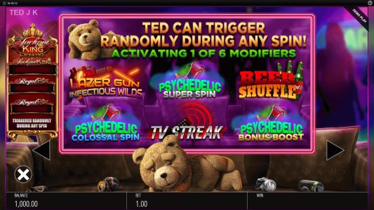 Ted Jackpot King Slot Machine Ted Bonus Modifiers Screen