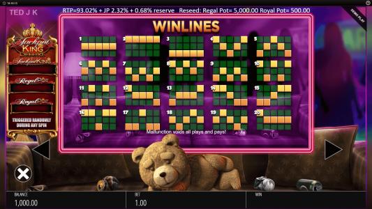 Ted Jackpot King Slot Machine Paylines Screen