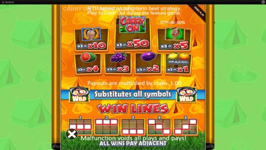 Carry On Camping Pub Fruit Slot Machine Paytable and Paylines Screen