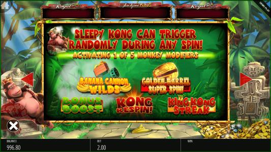 King Kong Cash Jackpot King Slot Machine Sleepy Kong Bonus Modifiers Screen