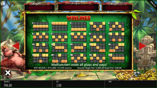 King Kong Cash Jackpot King Slot Machine Paylines Screen