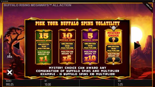 Buffalo Rising Megaways All Action Slot Machine Buffalo Spins Volatility Selection Screen