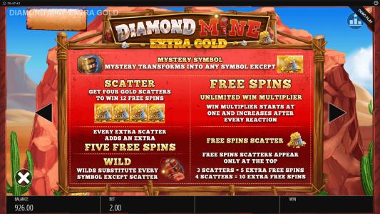 Diamond Mine Extra Gold Megaways Slot Machine Scatter Awards and Wild Symbol Screen