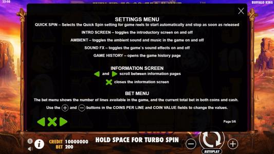 Buffalo King Slot Machine How to Play Screen