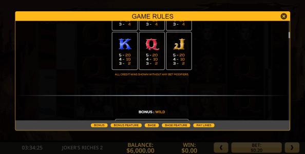 Jokers Riches 2 Slot Machine Paytable Screen