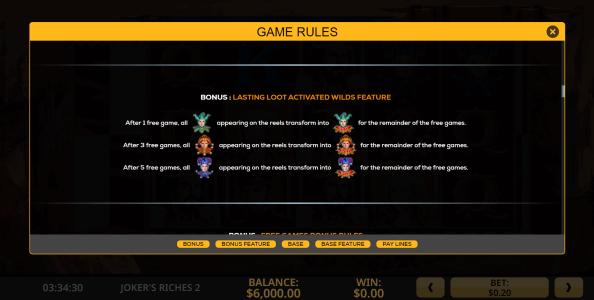 Jokers Riches 2 Slot Machine Game Rules Screen