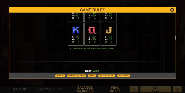 Jokers Riches 2 Slot Machine Paytable Screen