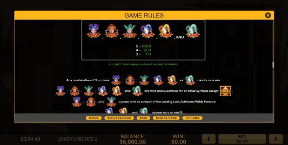 Jokers Riches 2 Slot Machine Paytable Screen
