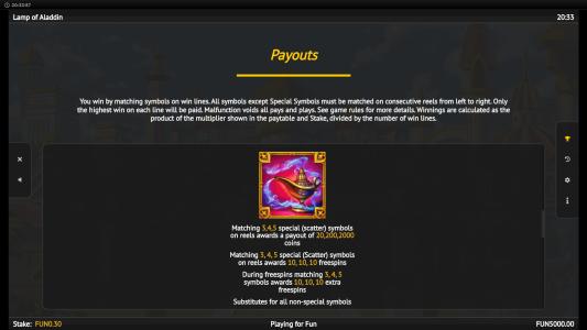Lamp of Aladdin Slot Machine Paylines Screen