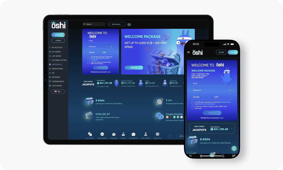 Oshi Casino interface displayed on a tablet and smartphone