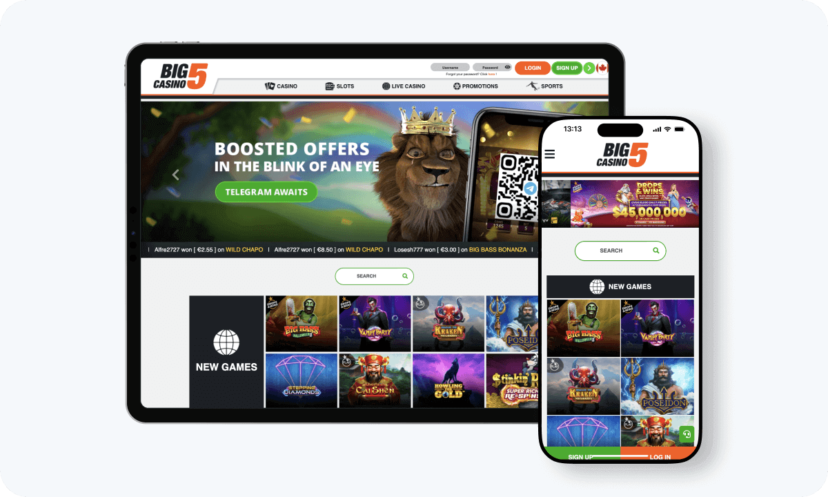 Big5Casino interface displayed on a tablet and smartphone