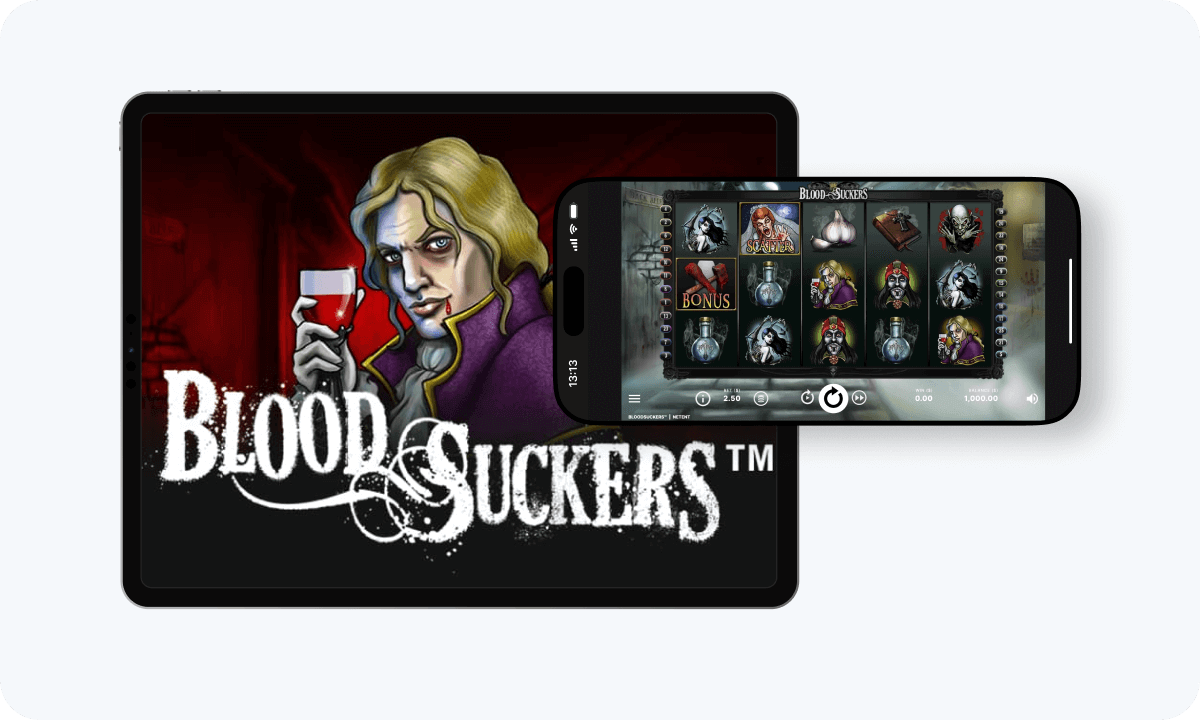 Blood Suckers slot interface and logo on tablet and smartphone