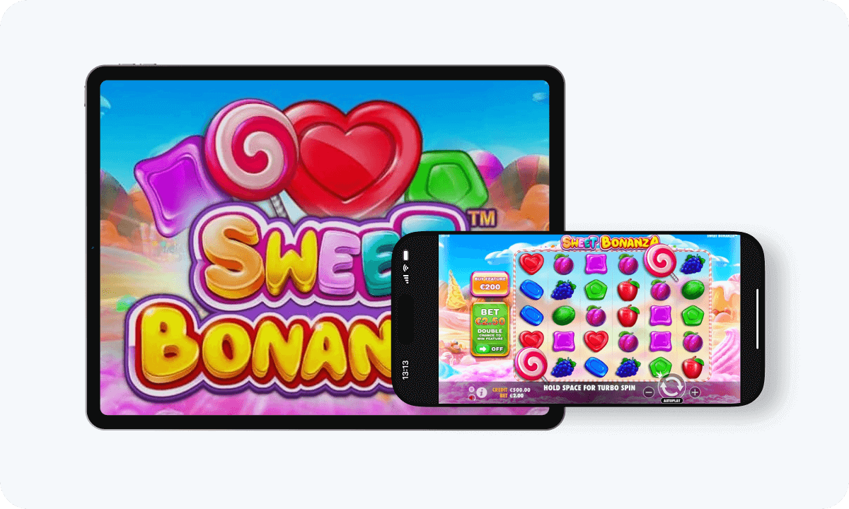 Sweet Bonanza slot interface and logo on tablet and smartphone