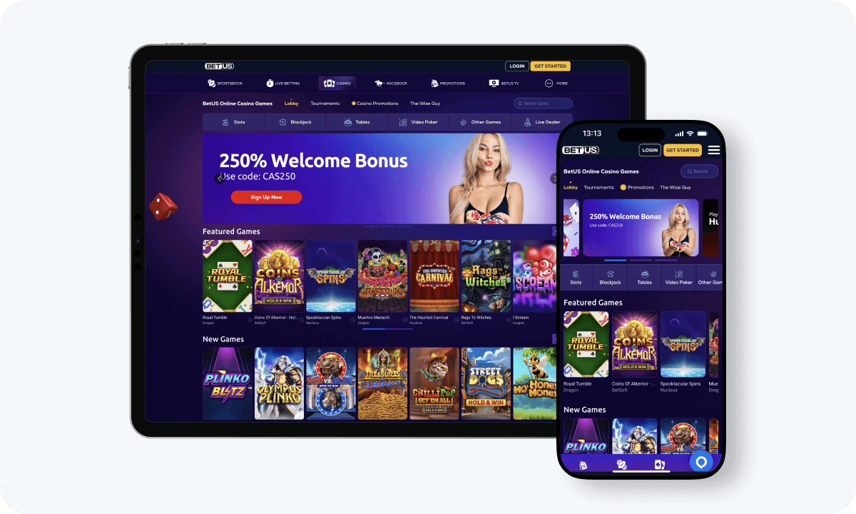 BetUS Casino interface displayed on a tablet and smartphone