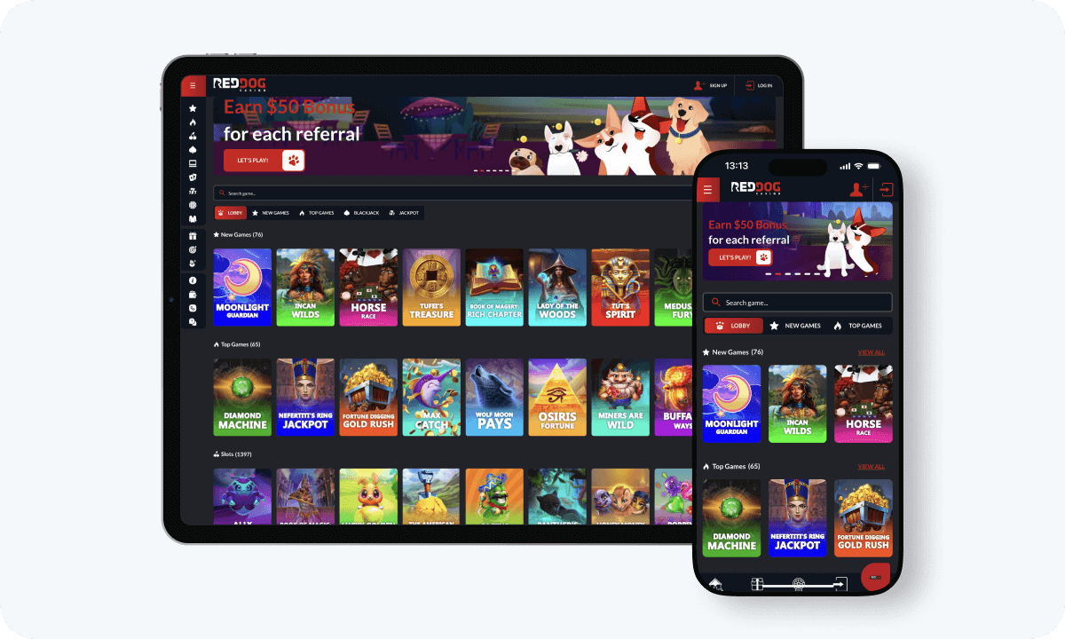Red Dog Casino interface displayed on a tablet and smartphone