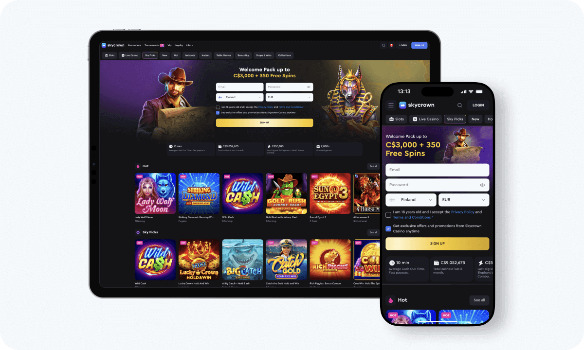 SkyCrown Casino interface displayed on a tablet and smartphone