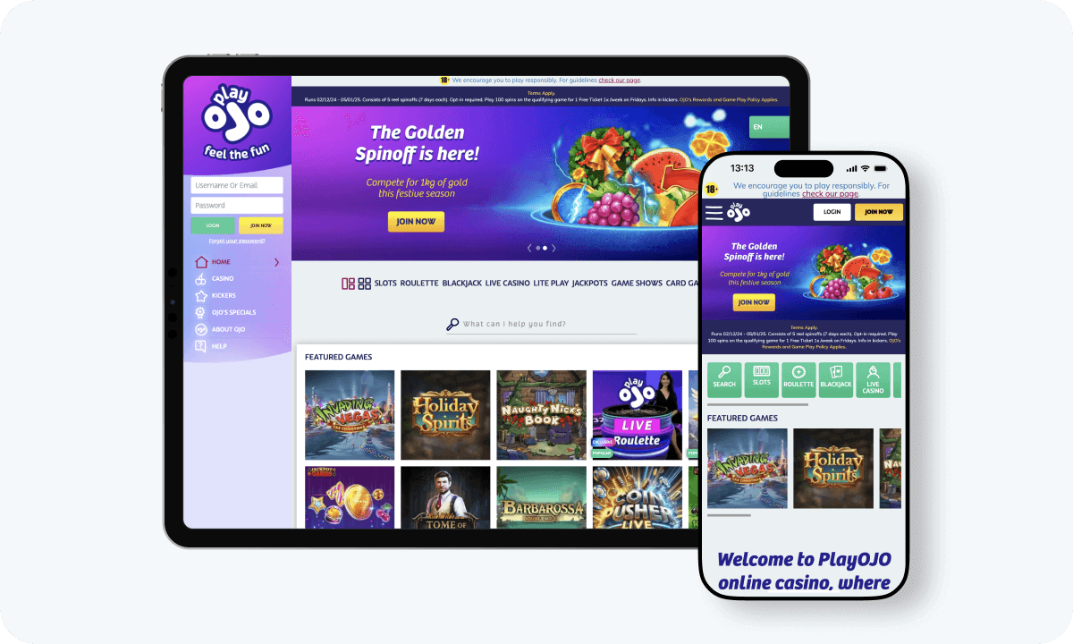 PlayOJO Casino interface displayed on a tablet and smartphone