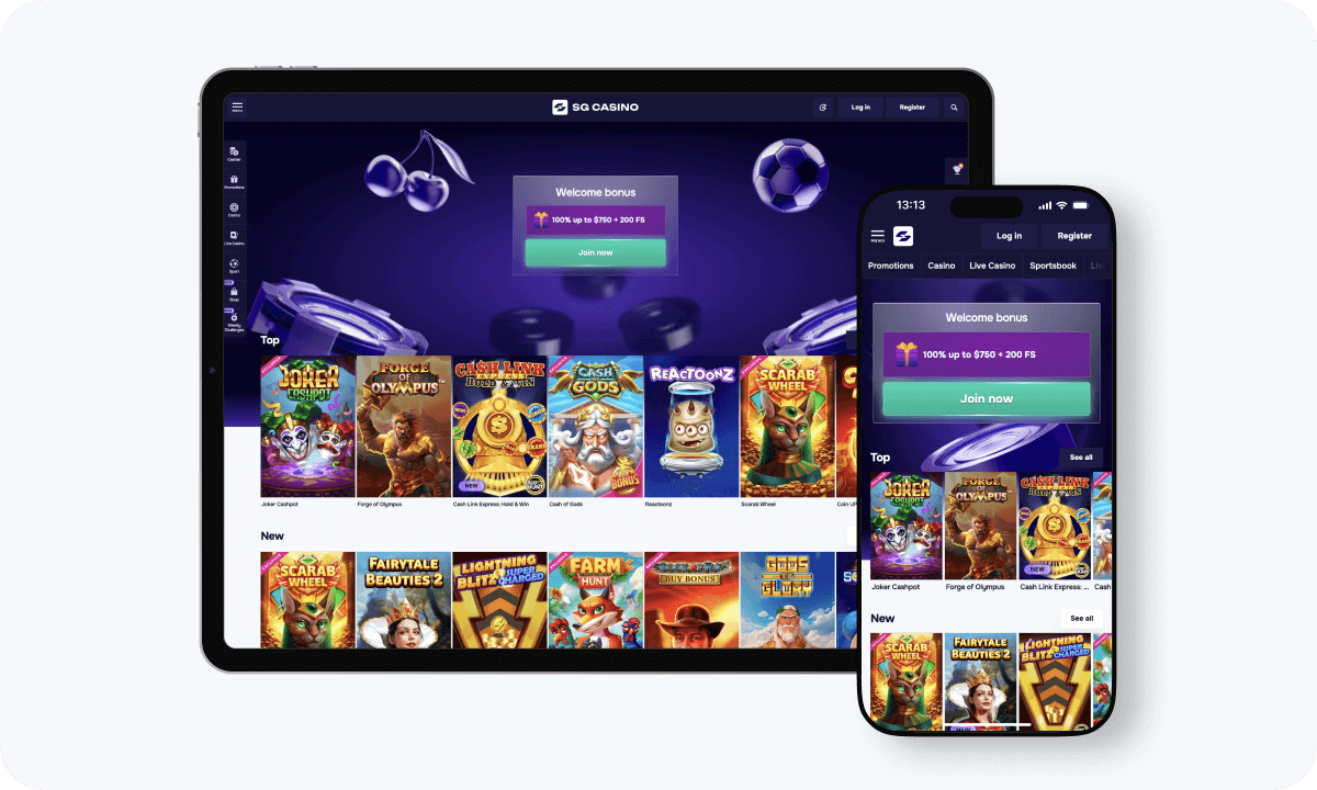 SG Casino interface displayed on a tablet and smartphone