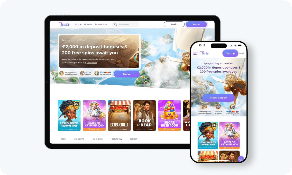 Tsars Casino interface displayed on a tablet and smartphone