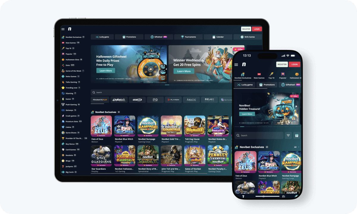 Novibet Casino Novibet Casino interface displayed on a tablet and smartphone