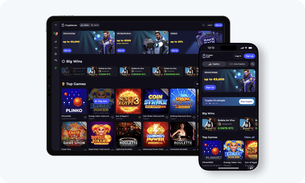 CryptoLeo Casino interface displayed on a tablet and smartphone