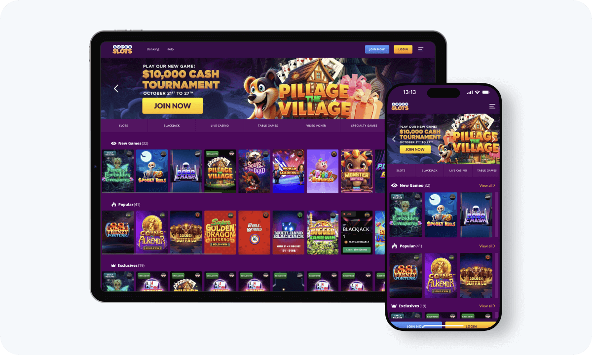 Super Slots Casino interface displayed on a tablet and smartphone